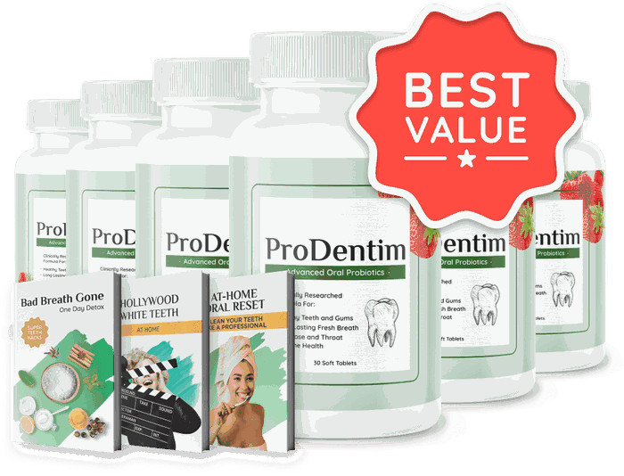 Six bottles of ProDentim with the three included bonus guides: Bad Breath Gone, Hollywood White Teeth at Home, and At-Home Oral Reset